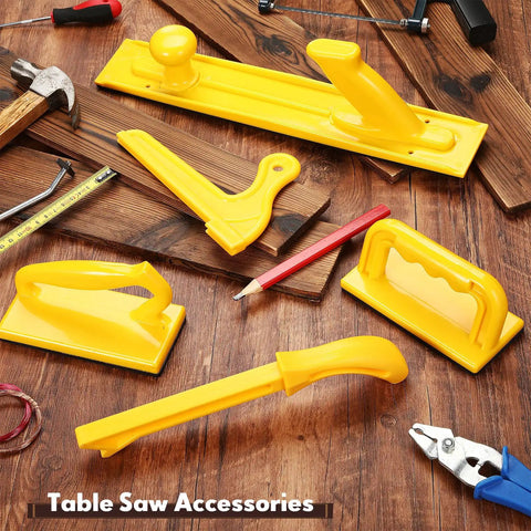 5 Piece Push Block and Push Stick Set for Table Saws and Woodworking Tools on wooden surface with scattered tools