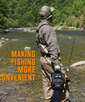 Angler by river with Go Light Fly Fishing Sling Pack That Keeps Gear Dry Waterproof Tackle Bag With Ten Point Nine Inch Tablet Compartment.
