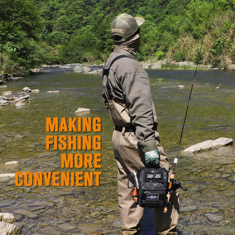 Angler by river with Go Light Fly Fishing Sling Pack That Keeps Gear Dry Waterproof Tackle Bag With Ten Point Nine Inch Tablet Compartment.