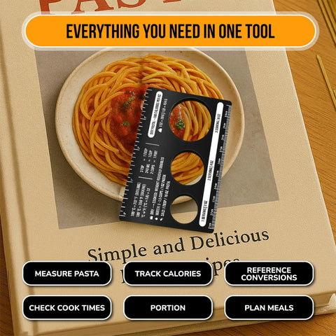 Portion Control Pasta Measurer Tool Stainless Steel Kitchen Gadget For Dope Spaghetti Portions With Built In Ruler In Inches And Centimeters Calorie Guide And Kitchen Conversion Chart Pocket Cooking On Point black pasta measurer over spaghetti plate