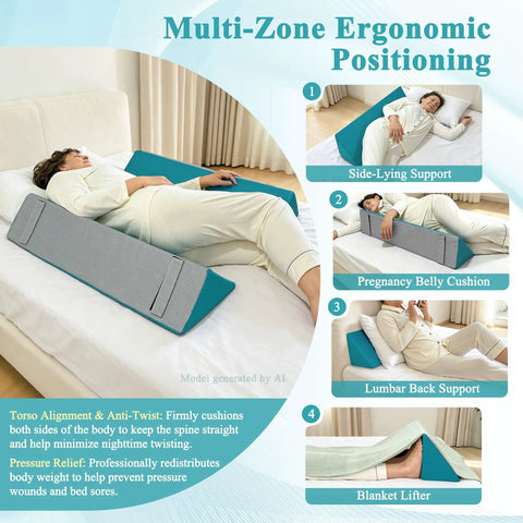 Person using Bed Rail Foam Pads For Elderly Safety And Fall Protection with multi-zone ergonomic positioning pillow.