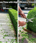 Pro Grade Cordless Hedge Trimmer With 22 Inch Dual Action Blades Brushless Motor 3000 RPM trimming hedges and shrubs outdoors.