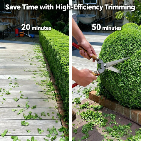 Pro Grade Cordless Hedge Trimmer With 22 Inch Dual Action Blades Brushless Motor 3000 RPM trimming hedges and shrubs outdoors.