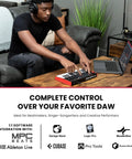 Man using MPK Mini MK3 25 Key USB MIDI Keyboard Controller with 8 backlit drum pads and knobs connected to laptop for music production