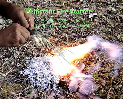 Person using All In One Prepper Grade Survival Fire Starter Kit with 10 magnesium shavings bags to ignite fire outdoors.