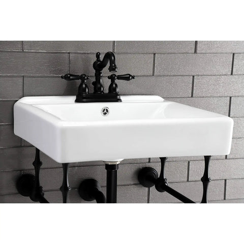 Heritage 4 Inch Centerset Lavatory Faucet Matte Black With Pop Up Drain on a white sink, wall-mounted, against gray tiles