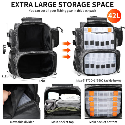 Open All In One Fishing Tackle Backpack with rod holders, 42L water resistant 1600D Oxford fabric, large storage compartments