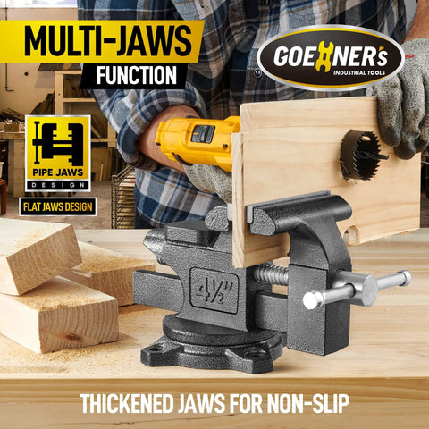 Four And A Half Inch Bench Vise With Heavy Duty Forged Steel Construction Built In Pipe Jaw And Swivel Base for workshop