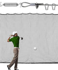Golfer practicing swing in front of 12x12 Ft Golf Practice Netting With Thick Border For Backyard And Garage, Heavy Duty Nylon Hitting Net