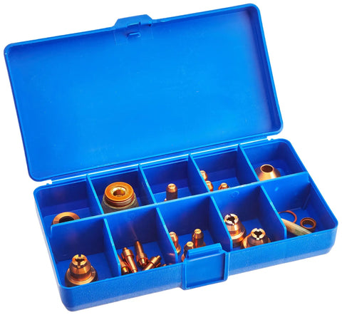 40 Amp XT40 Plasma Cutter Consumable Kit with electrodes, 40A tips, 30A tips, shields in a blue plastic case