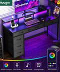 Gaming Desk With RGB LED Lighting And USB Type-C, 47 Inch Computer Desk With 6 Drawers in a home office setup, black.