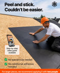 Man installing Heavy Duty Epdm Waterproofing Membrane 52 Mil Self Adhesive Roof Deck Sheet on a flat roof surface.
