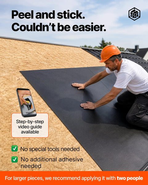 Man installing Heavy Duty Epdm Waterproofing Membrane 52 Mil Self Adhesive Roof Deck Sheet on a flat roof surface.