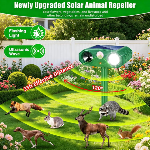 Solar Powered Outdoor Animal Deterrent With Motion Activated Ultrasonic Alerts And LED Strobe Lights in garden setting
