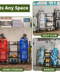 Go-To Golf Bag Organizer For Garage Storage, Dual Bag Rack with Stable Stand and Shelves, Center Basket for Balls