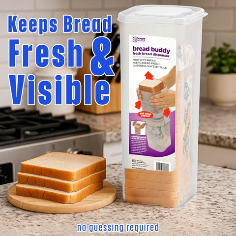 Bread Box Storage Keeps Fresh Loaf In Original Bag with one and a half pound sandwich size on kitchen counter