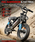 16 Inch Fat Tire Electric Bike For Adults And Teens With Peak 1500W Power, full suspension model riding on rocky terrain.