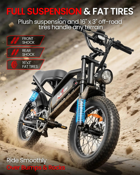 16 Inch Fat Tire Electric Bike For Adults And Teens With Peak 1500W Power, full suspension model riding on rocky terrain.