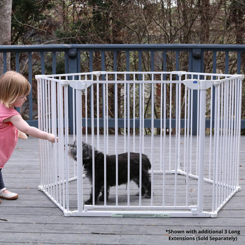 Child and dog with Extra Wide Walk Through Baby Gate, Customizable Safety Barrier Fits From 35.4 To 82.7 Inches