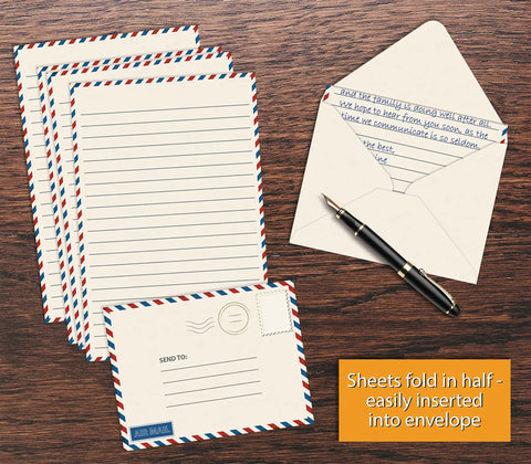 Vintage Airmail Mini Stationery Set With Fifty Lined Sheets And Fifty Matching Envelopes, Five And A Half By Eight And A Quarter Inches