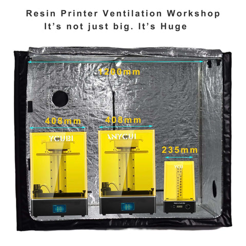 Beefy Size 3D Printer Enclosure With Ventilation Kit for FDM DLP SLA LCD Printers, showing interior space and printer arrangement.