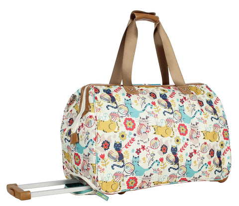 Patterned 22 Inch Duffel Bag With 2 Rolling Wheels For Women, Lightweight Weekender Carry On Suitcase, Cats and Flowers Design