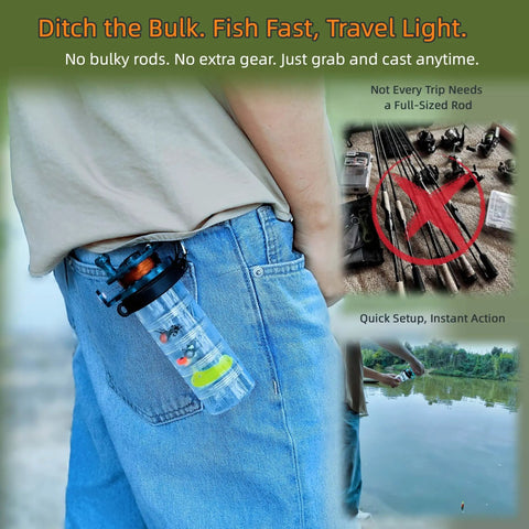 Person with Grab And Go Pocket Sized Fishing Rod Kit All In One Survival Gear for hiking, camping, biking, and road trips on jeans.