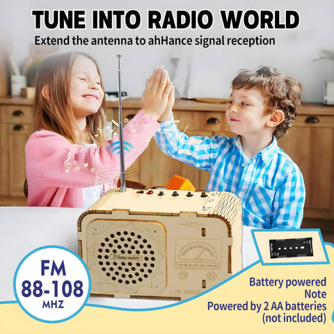 Totally Kid Friendly FM Radio Kit For Ages 8 To 13 Build A Working Radio With A DIY Wooden 3D Puzzle STEM Toy Safe Basswood Educational Science Kit For Kids 88 To 108 MHz kids high-fiving beside basswood FM radio kit