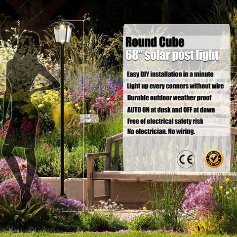 Outdoor Lamp Post Light 68 Inch Tall Waterproof Solar Powered 100 Lumen Pathway Garden Lawn Patio Porch Backyard Driveway USB Rechargeable With Warm White And Cool White, featured on a garden path at dusk, surrounded by flowers.