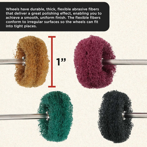 Top Shelf 40 Piece 1 Inch Abrasive Polishing And Buffing Wheels Set With One Eighth Inch Steel Shank For Rotary Tools Grinders Drills In 120 180 320 400 Grits Badass Quality For Heavy Duty Grinding displaying various colored 1 inch wheels.