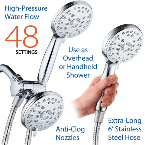 High Pressure 48 Mode Luxury 3 Way Shower Combo With Dual Rain And Handheld Shower Head, showing chrome finish and 6 ft hose