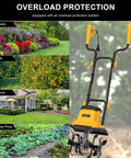 12 Inch Corded Tiller Cultivator With 8.5 Amp Power, 360 RPM Rototiller For Gardening shown with garden areas.