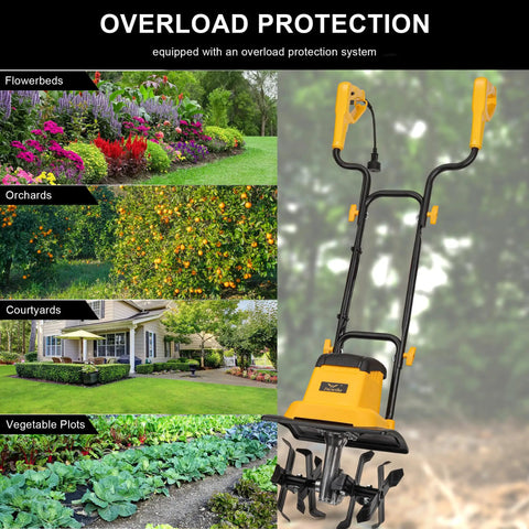 12 Inch Corded Tiller Cultivator With 8.5 Amp Power, 360 RPM Rototiller For Gardening shown with garden areas.
