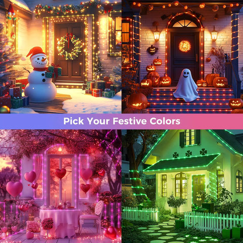 Color Changing Rope Lights Outdoor 33ft 100 LED String Lights used for festive winter and Halloween house decorations.