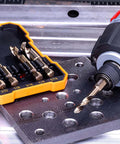 NordWolf 5-piece M35 cobalt stubby drill bit set in orange storage box; front view, SAE sizes 3/32-5/16, 1/4-in hex shank.