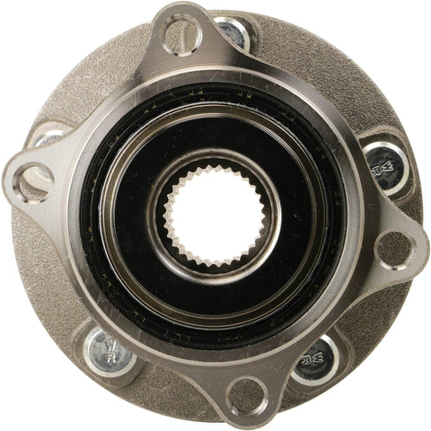 Front view of a Wheel Bearing And Hub Assembly For Kia Sorento And Hyundai Santa Fe Rondo Models, OE grade hub kit.