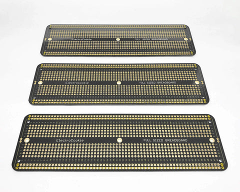Large Solderable Breadboard Prototype Board For DIY Electronics Projects Hookup Friendly Compatible With Arduino ESP8266 NodeMCU MCUs Gold Plated Matte Black 3 Pack shown in three rows on a white background.