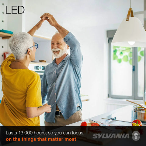 Older couple dancing in bright kitchen under LED bulb, LED A19 Light Bulbs 100W Equivalent Replacement 16W Efficient Dimmable
