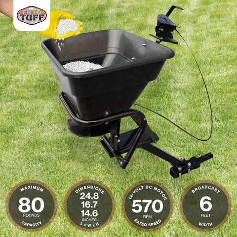 12V Grass Seed And Fertilizer Spreader With 80 Pound Capacity Hitch Mount Receiver Rain Protector For ATV UTV Or Utility Tractor 6 Foot Broadcast Width Heavy Duty 12V DC Motor with seed being poured in.