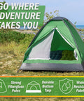 Two Person Camping Tent Shelter With Rain Fly And Carrying Bag Lightweight Dome For Backpacking Hiking And Beach Green with open door view