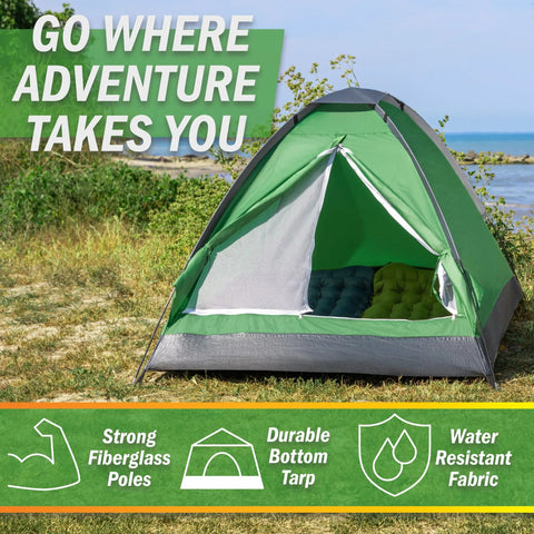 Two Person Camping Tent Shelter With Rain Fly And Carrying Bag Lightweight Dome For Backpacking Hiking And Beach Green with open door view