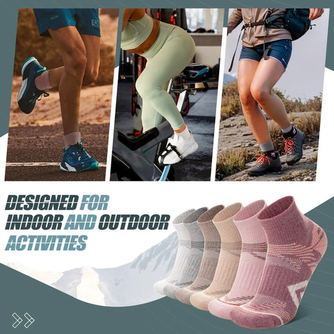 Merino Wool Quarter Ankle Hiking Running Socks With Thermal Warmth And Cushioned Comfort Super Cozy Breathable Mesh For Men And Women Pink Series Size Medium All Season Everyday Wear displayed with active gear and activities.