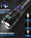 Close-up of Beast Mode Rechargeable LED Flashlight 100000 Lumens Ultra Long Range 5000 Feet USB C Three Modes Single Button showing LED modes.