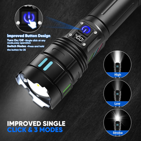 Close-up of Beast Mode Rechargeable LED Flashlight 100000 Lumens Ultra Long Range 5000 Feet USB C Three Modes Single Button showing LED modes.