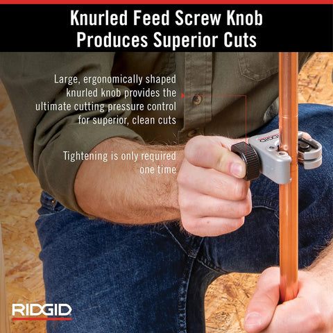 User demonstrating Compact Auto Feed Tubing Cutter For Tight Spaces, 1/4 To 1-1/8 Inch Copper Aluminum Brass And Plastic Tubing