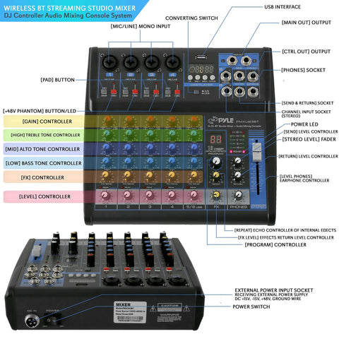 Six Channel Bluetooth DJ Audio Mixer With USB Input And Built In MP3 Player 48V Phantom Power 3 Band EQ 16 Bit DSP FX USB Sound Board