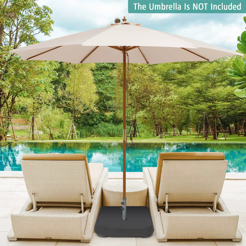 Heavy Duty Beefy 220 Pound Patio Umbrella Base With Sandbags stabilizing umbrella by poolside, fits poles up to 1.9 inches