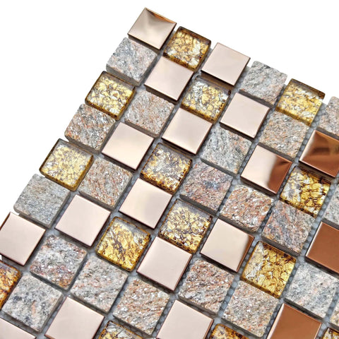 Rose Gold Glitter Glass Stone Mosaic Tile Set For Kitchen Backsplash And Fireplace Accent, 12x12 Inch Mesh Mounted Sheets, Mixed Metal Glass And Stone With Copper Gold Finish, Elegant Modern Backsplash Decor