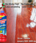 Top Shelf Wood Floor Restorer And High Gloss Polish For Fresh Slick Shine on shiny hardwood floor with visible scuff repair.