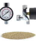 Gravity Feed Sand Blaster Kit For Air Compressor Portable Pro Grade Blaster With Regulator and sand pile shown